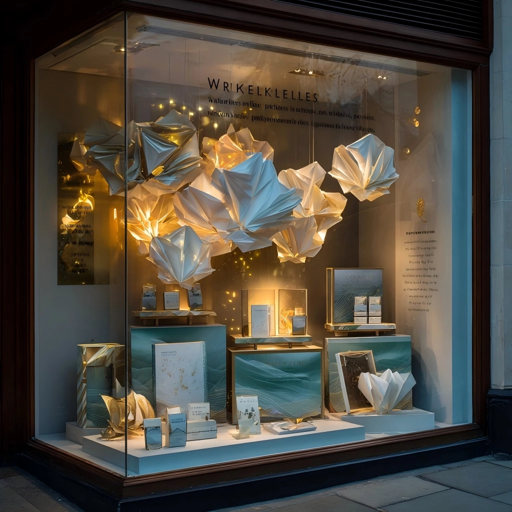 Paper window display design with layered light and shadow