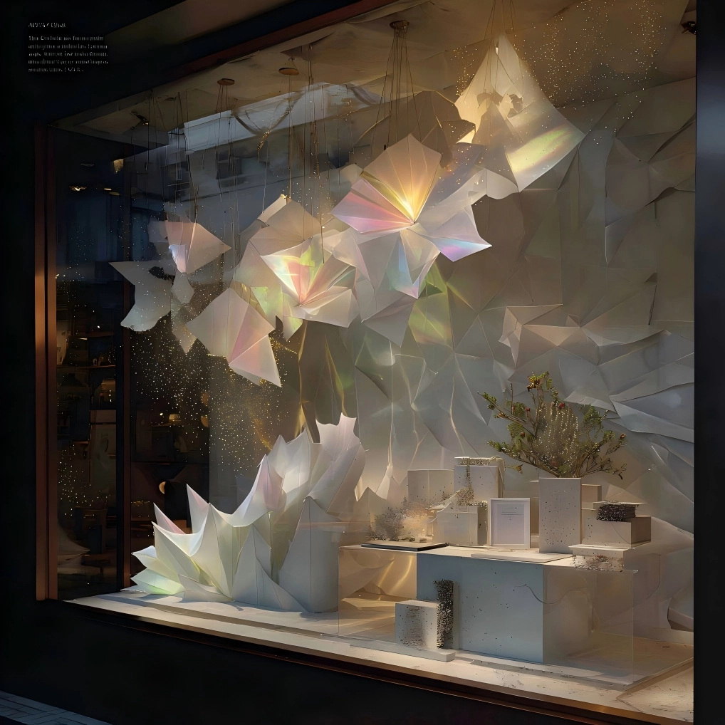 Paper window display design with layered light and shadow